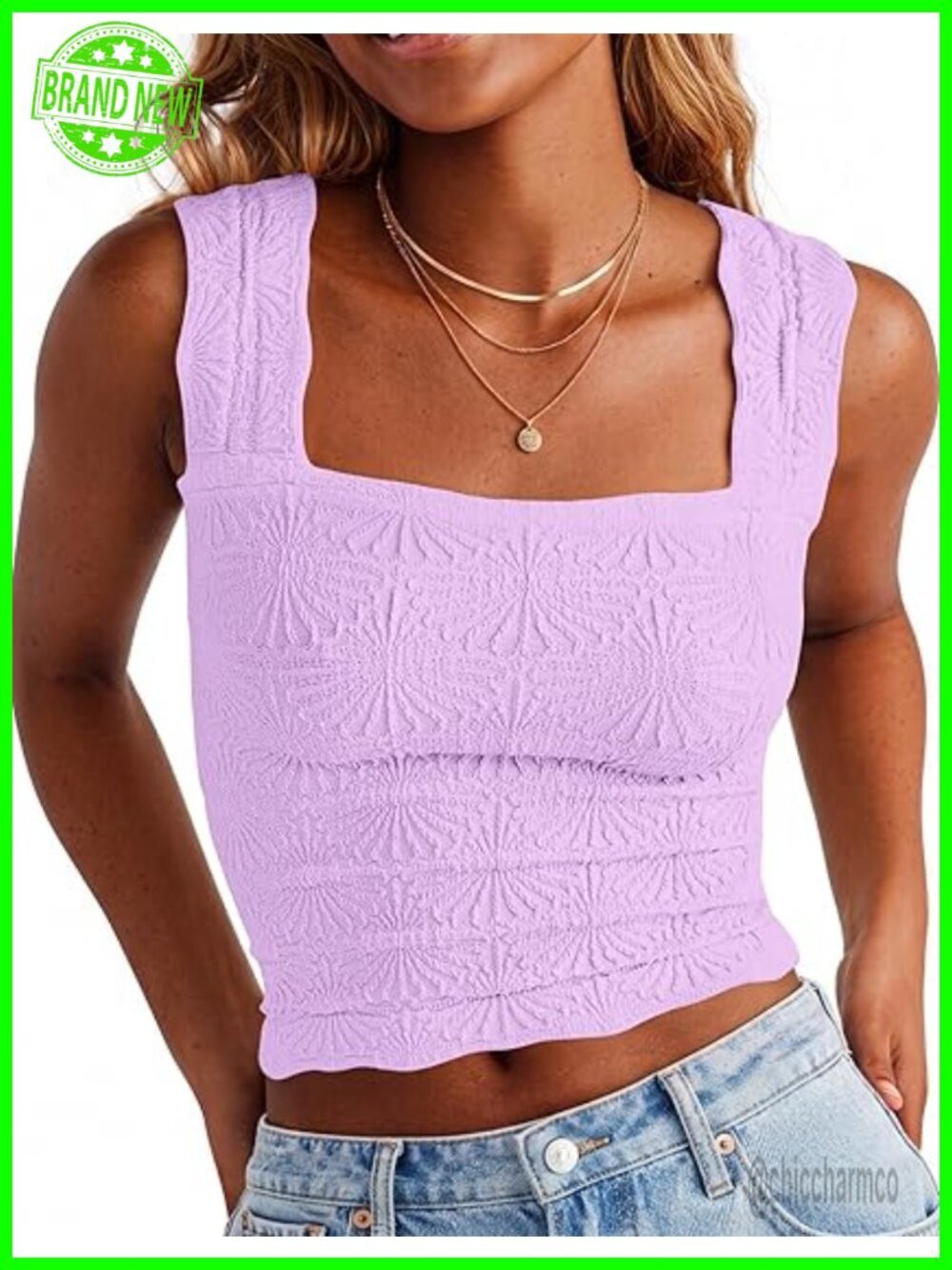Women's Crop Tank Top Square Neck Floral Embroidery Wide Strap Blouse Top